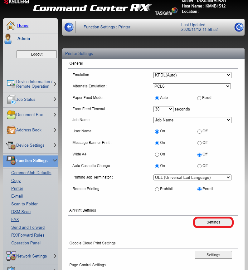 Kyocera Function Settings